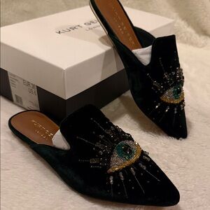 Kurt Geiger Dark Green Velvet Beaded Evil Eye Mules